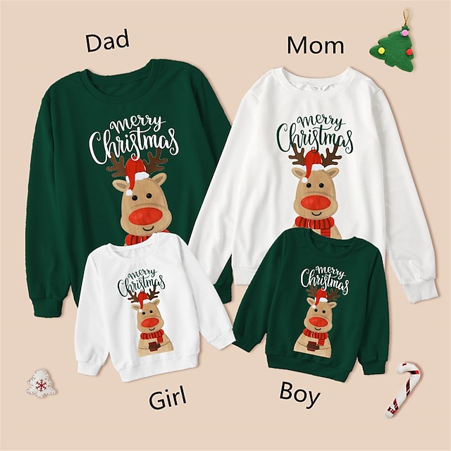  Family Sweatshirt Letter Deer Print Multicolor Long Sleeve Adorable Matching Outfits