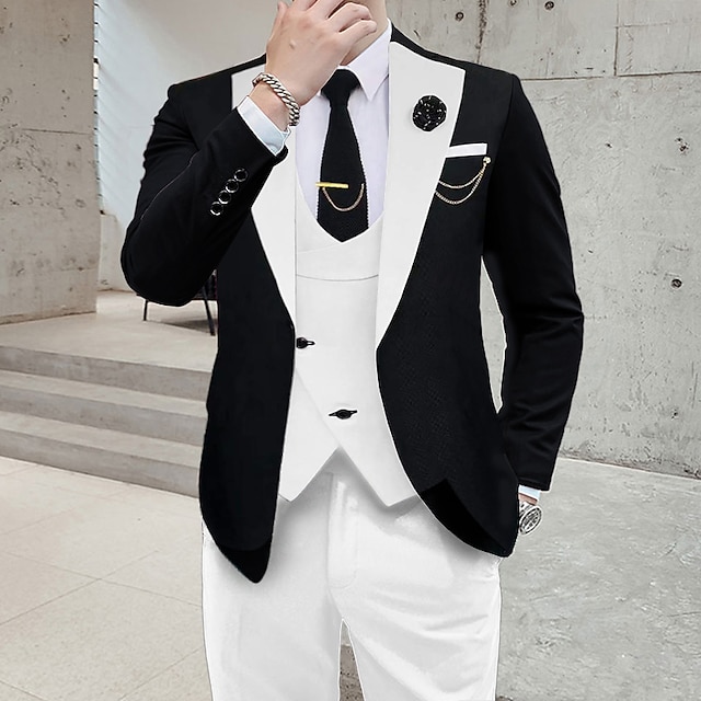  Pour des hommes Mariage Soirée Costumes Cranté Kaki foncé Noir + beige Couleur Unie Coupe sur mesure 3 pièces Simple boutonnage un bouton