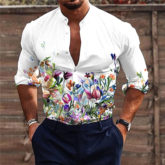 Mens Clothing Mens Shirts | Mens Shirt 3D Print Floral Stand Collar Street Casual Button-Down Print Long Sleeve Tops Designer Ca