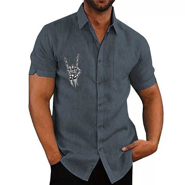 Mens Clothing Mens Shirts | Mens ShirtSolid Color Skull Hand Gesture Turndown Street Casual Button-Down Print Half Sleeve Tops D