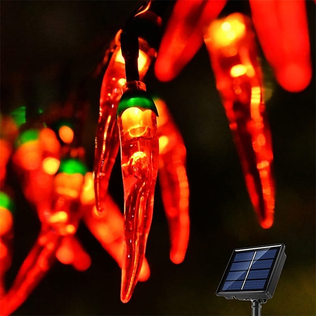  5/6.5/7m Solar Garden Chili Lights Outdoor Red Chili Pepper String Lights-Waterproof LED Kitchen Christmas Decorative Lights for Garden Lawn Patio Yard Home Party Porch Decor 5M 20LED/6.5M 30LED/7M 50LED