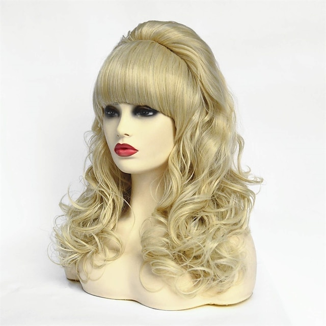 bikupa peruk lång vågig blond peruk med smäll stor bouffant för kvinnor passar 80-tal eller fest halloween peruk
