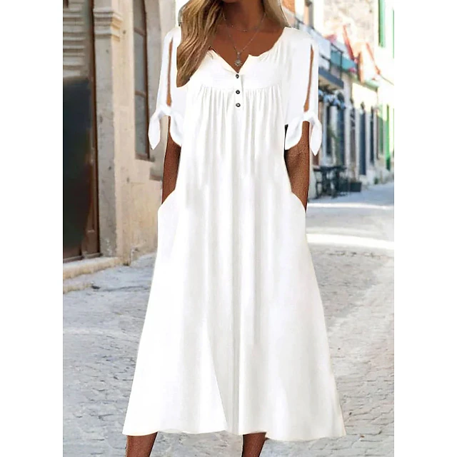 Women's White Dress Casual Dress Shift Dress Pure Color Button V Neck ...