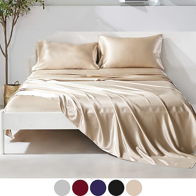  4-Piece Bed Sheets Set Deep Pocket Luxury Silk Satin Cooling Soft Plain Includes 1 Flat Sheet 1 Fitted Sheet 2 Pillowcase Suit