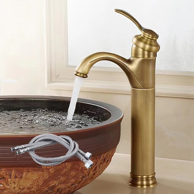  Bathroom Sink Faucet,Antique Brass Traditional Style Single Handle One Hole Bath Taps with Hot and Cold Switch and Ceramic Valve