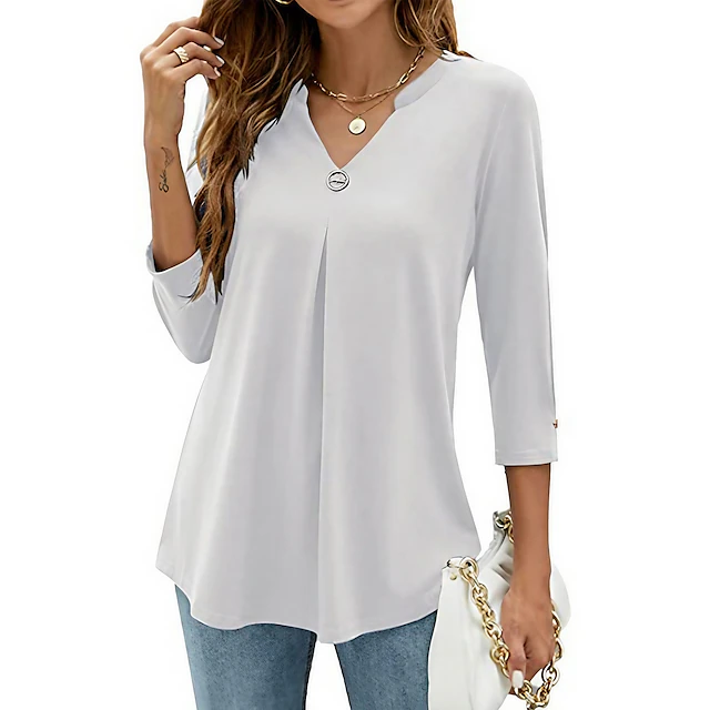 Women's Shirt Blouse Tunic Black White Pink Plain Flowing tunic 3/4 Length Sleeve Daily Weekend Streetwear Casual V Neck Regular S 12