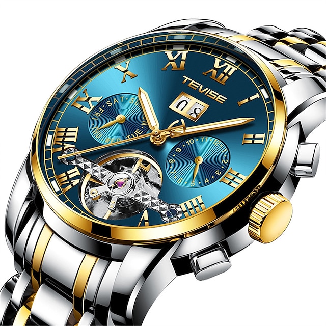  Tevise Mechanical Watch for Men Analog Automatic Watch Self-winding Mens Watches Stylish Formal Style Waterproof Calendar Noctilucent Stainless Steel Wristwatch