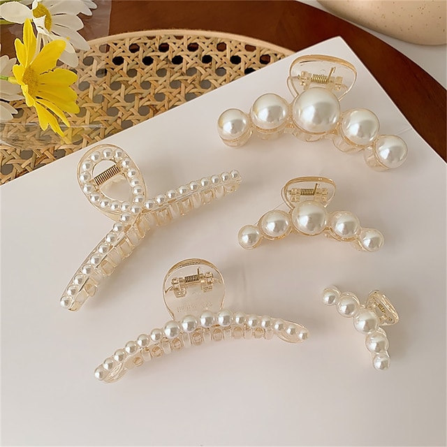  5 Pcs Large Pearl Hair Claw Clips White Black Hair Clips Thick Long Hair Jaw Clips Barrettes Hair Accessories for Women and Girls