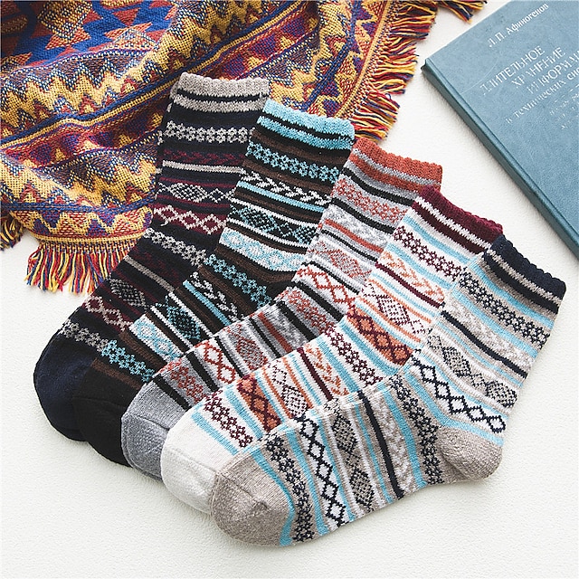  5 Pairs Men's Crew Socks Casual Mixed Color Gift Daily Checkered / Gingham Geometric Warm