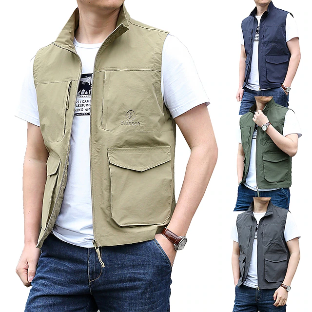 Men's Fishing Vest Hiking Vest Top Outdoor Breathable Water Resistant Zipper Pocket Multi Pockets Polyester Army Green Khaki Dark Blue Fishing Climbing 21