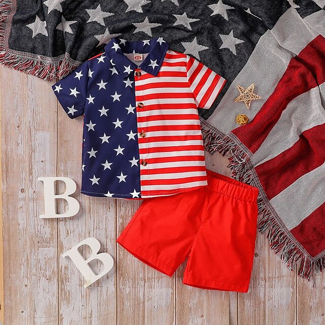 Baby & Kids Boys Clothing | Kids Boys American Independence Day T-shirt & Shorts Clothing Set 2 Pieces Short Sleeve Red Stripe F