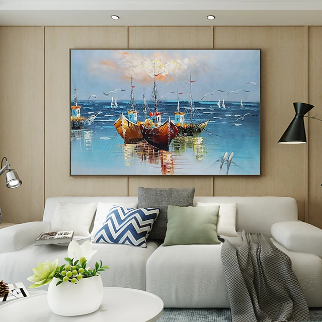Oil Painting Handmade Hand Painted Wall Art Abstract Boats Canvas Painting Home Decoration Decor Stretched Frame Ready to Hang 11