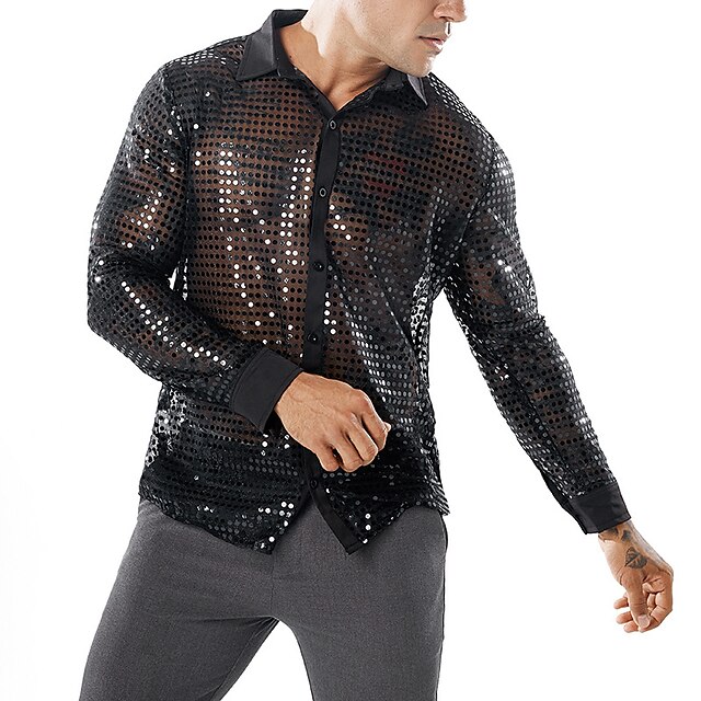 Mens Clothing Mens Shirts | Mens Shirt Solid Color Turndown Street Casual Sequins Button-Down Long Sleeve Tops Casual Fashion Br