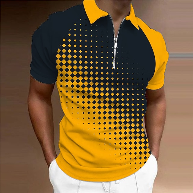  Men's Polo Shirt Golf Shirt Geometry Turndown Yellow 3D Print Outdoor Street Short Sleeves Zipper Print Clothing Apparel Fashion Designer Casual Breathable