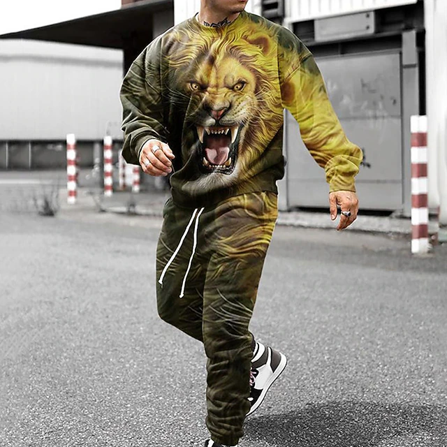 Mens Graphic Hoodie Tracksuit Hoodies Set Black And White Yellow Blue Green Crew Neck 2 Piece Print Sports & Outdoor Casual 3D Streetwear 5