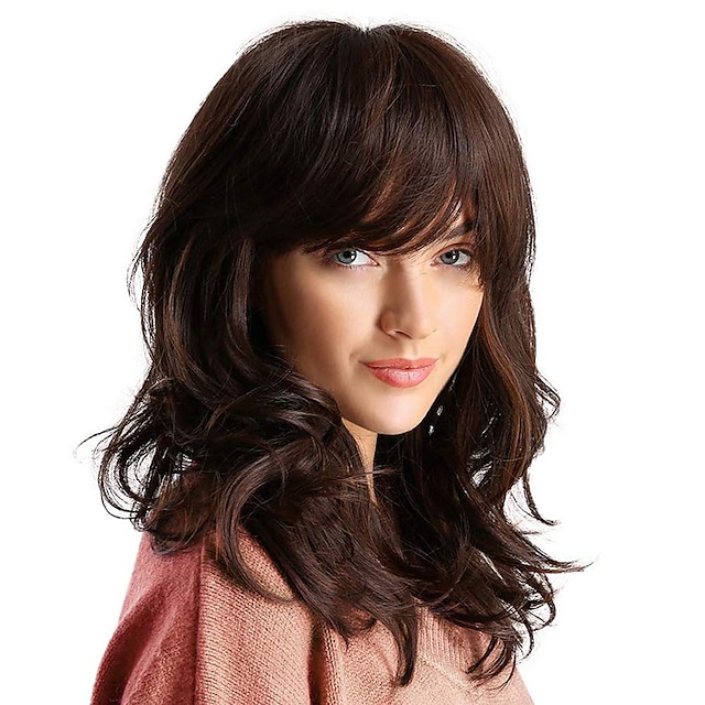  cosplay peruker axellångt brunt hår peruker för kvinnor syntetiskt lockigt hår peruk med lugg halloween peruk