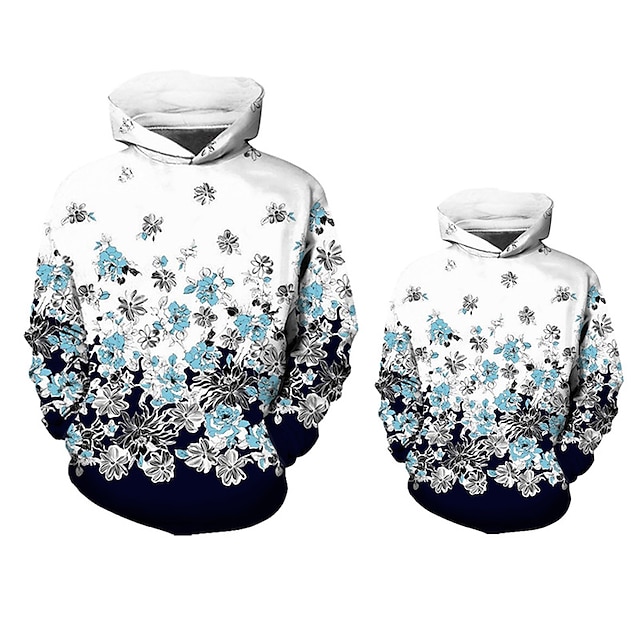 Baby & Kids Matching Outfits | Mommy and Me Hoodie Floral Sports & Outdoor Print White Blue Long Sleeve Active Matching Outfits 