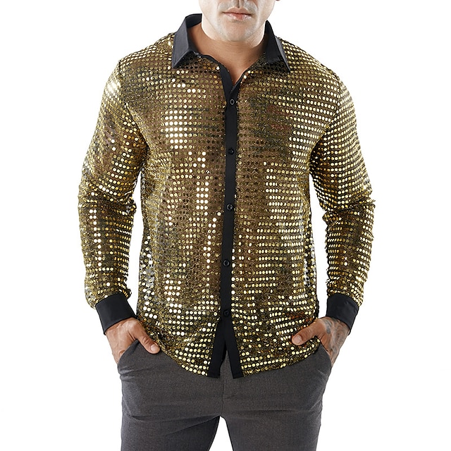 Mens Clothing Mens Shirts | Mens Shirt Solid Color Turndown Street Casual Sequins Button-Down Long Sleeve Tops Casual Fashion Br