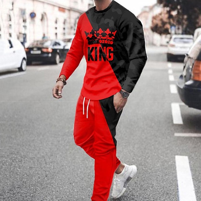  Men's Tracksuit Hoodies Set Lightweight Hoodie Black And White Black Yellow Red Crew Neck Graphic Splicing 2 Piece Print Sports & Outdoor Casual Sports 3D Print Streetwear Sportswear Basic Spring Fall