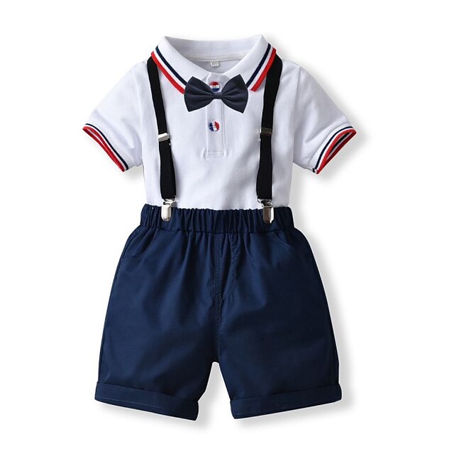 Baby & Kids Boys Clothing | Kids Boys T-shirt & Shorts Clothing Set 2 Pieces Short Sleeve White Color Block Bow Party School Act