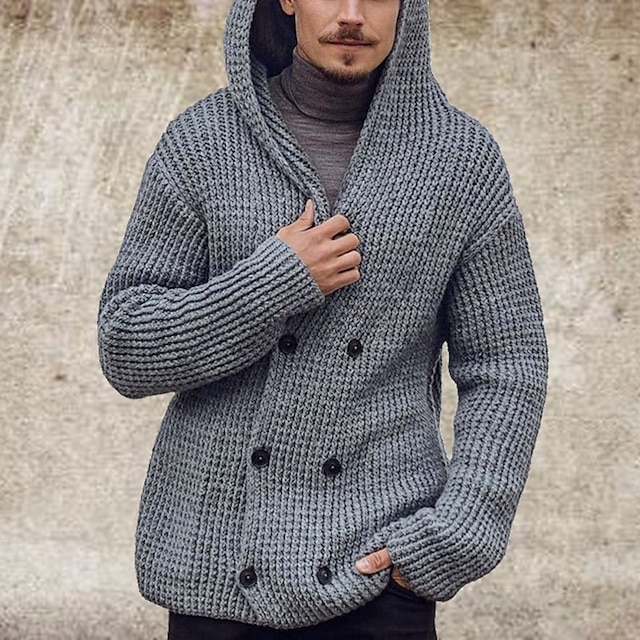  Men's Sweater Cardigan Sweater Hoodie Knit Knitted Solid Color Hooded Stylish Vintage Style Daily Wear Clothing Apparel Winter Fall Gray M L XL