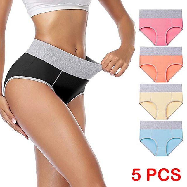  Women's Plus Size Basic Vacation Pure Color Shaping Panty Stretchy High Waist Cotton 5 Pieces Green M