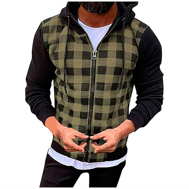 Mens Clothing Mens Hoodies & Sweatshirts | Mens Full Zip Hoodie Jacket Plaid Zipper Pocket Casual Daily Holiday Other Prints Cas