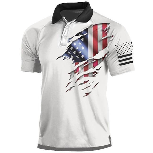 Men's Collar Polo Shirt Golf Shirt Graphic National Flag Turndown White 3D Print Street Daily Short Sleeve 3D Button-Down Clothing Apparel Fashion Casual Breathable Comfortable / Beach