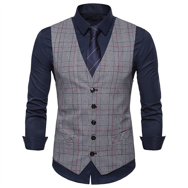 Men's Vest Waistcoat Wedding Work Business Daily Business Casual Winter Pocket Polyester Windproof Quick Dry Plaid / Check Single Breasted V Neck Regular Fit Light Grey Dark Gray Coffee Vest 6