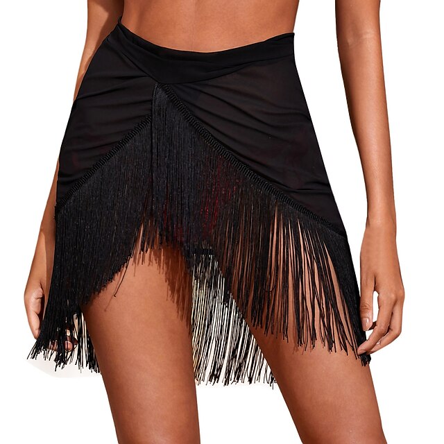 Women's Swimwear Cover Up Beach Bottom Swimsuit Fringe Hem Tassel Stylish Beach Wear Plain Pure Color Sleeveless Bathing Suits 5