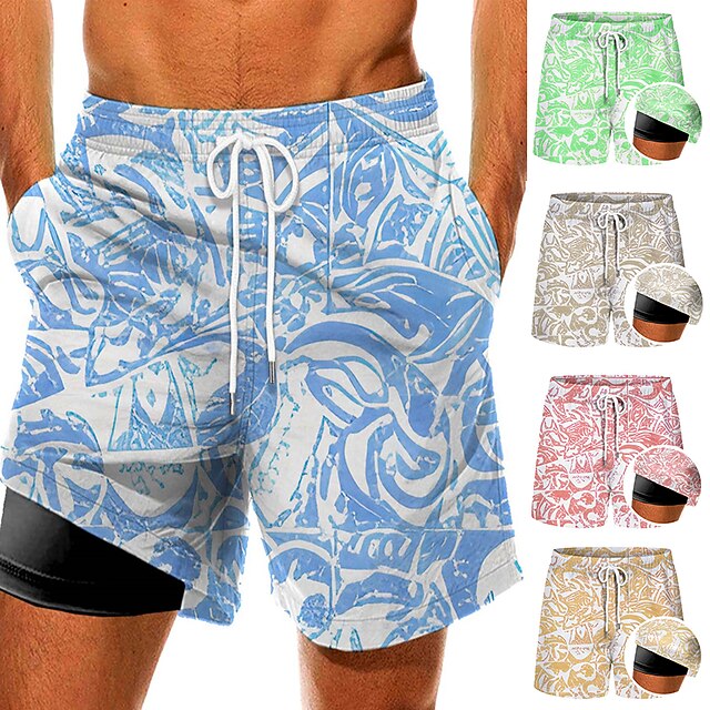  Men's Swim Trunks Swim Shorts Quick Dry Board Shorts Bathing Suit Compression Liner with Pockets Drawstring Swimming Surfing Beach Water Sports Printed Summer