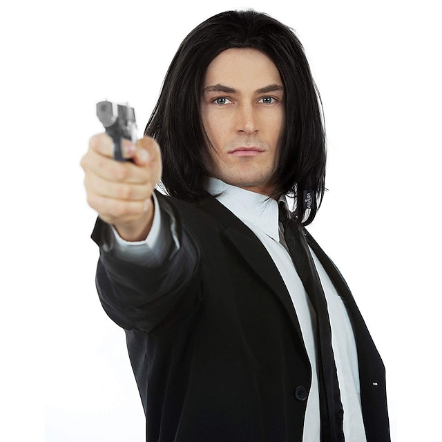  John Wick Hitman Black Wig 90s Mens  Wigs Black Natural Hairstyle Can Tie into Ponytail Fits Men & Ladies