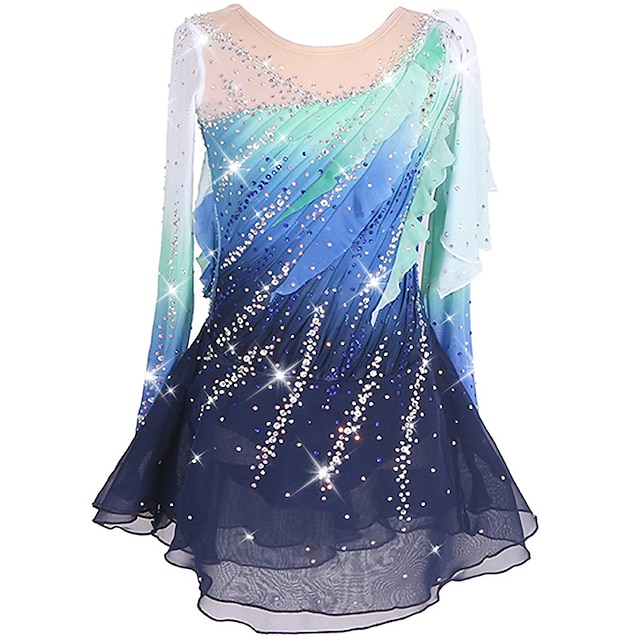  Rochie de Patinaj Artistic Pentru femei Fete Πατινάζ στο πάγο Rochii Albstru+Verde Negru Peteci Strălucire Plasă Spandex Înaltă Elasticitate Antrenament Competiție Ținută Patinaj Confecționat Manual
