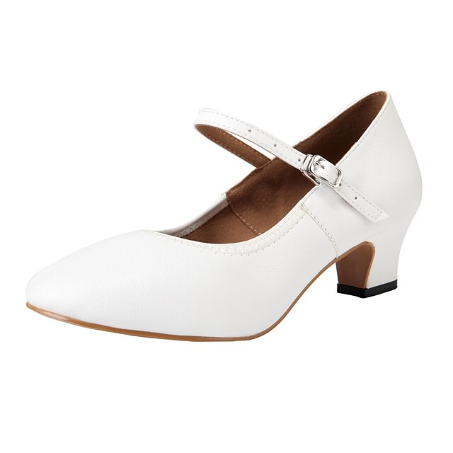 White Faux Leather Mary Jane Dance Shoes with Low Heel and Adjustable Strap – Elegant Footwear for Women 15