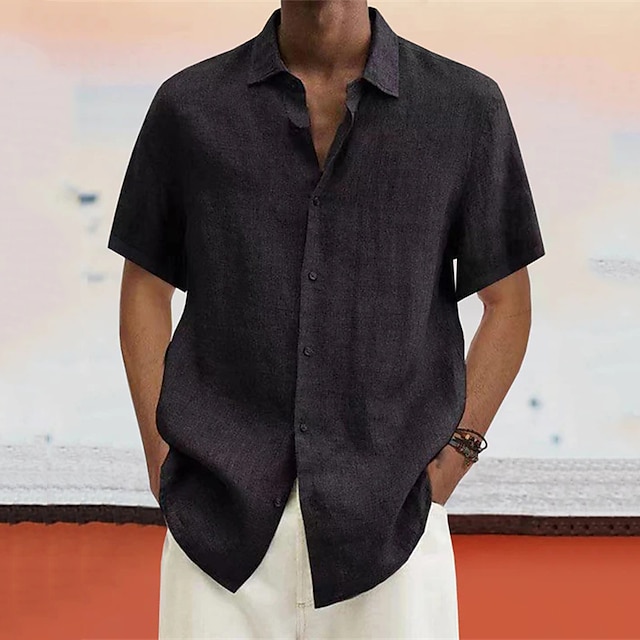  Voor heren linnen overhemd Zomer overhemd Strand Kleding Overhemd met knopen Effen Vakantie Curise Zwart Wit blauw Licht Paars Korte mouw Strijkijzer Lente & Herfst Kleding Button-omlaag