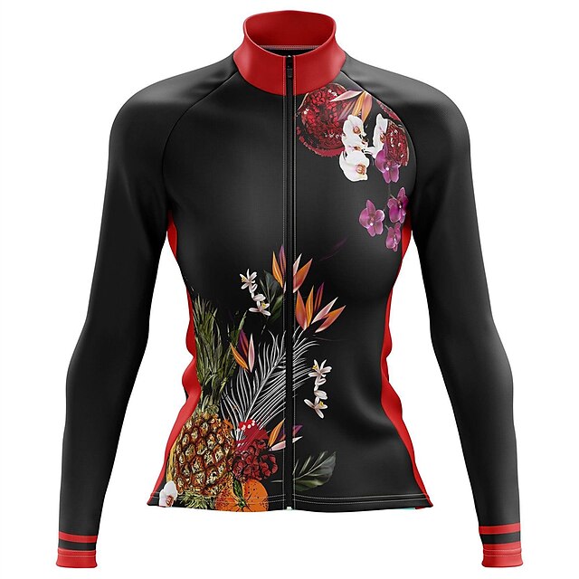  21Grams Women's Cycling Jersey Long Sleeve Bike Top with 3 Rear Pockets Mountain Bike MTB Road Bike Cycling Breathable Quick Dry Moisture Wicking Reflective Strips Black Floral Botanical Polyester
