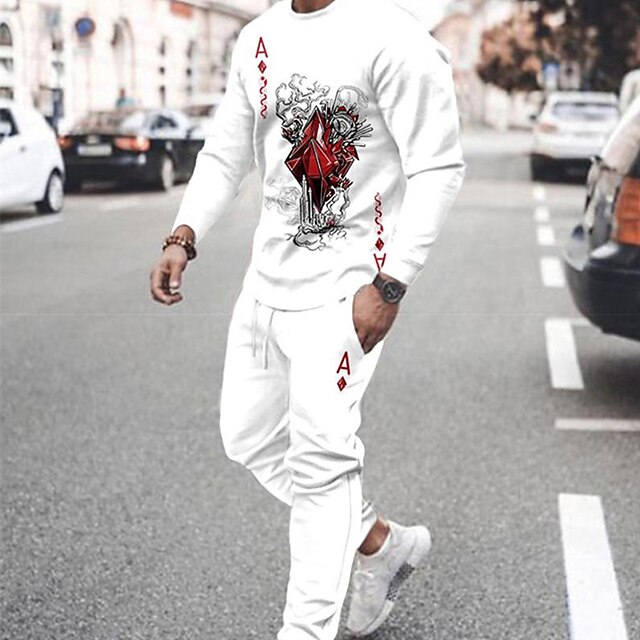 Men's Tracksuit Hoodies Set White Crew Neck Graphic Poker 2 Piece Print Sports & Outdoor Casual Sports 3D Print Polyester Streetwear Sportswear Basic Spring Fall Clothing Apparel Hoodies Sweatshirts2