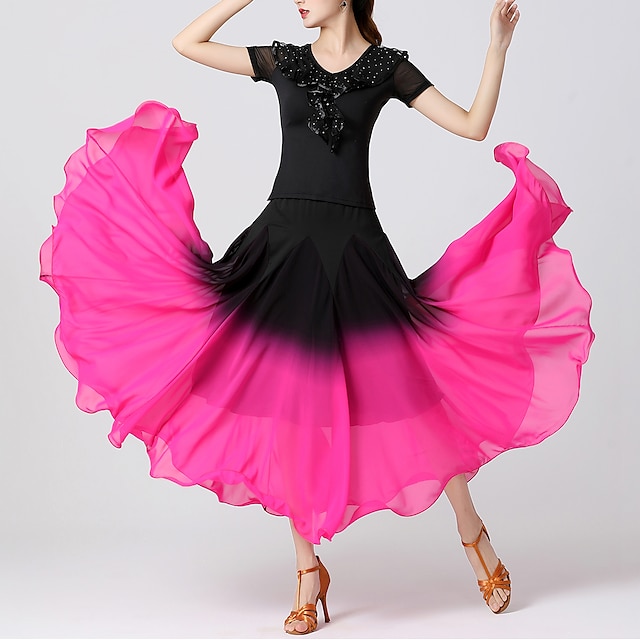  Ballroom Dance Activewear Skirts Ruching Pure Color Splicing Women's Training Performance Short Sleeve High Chiffon Polyester