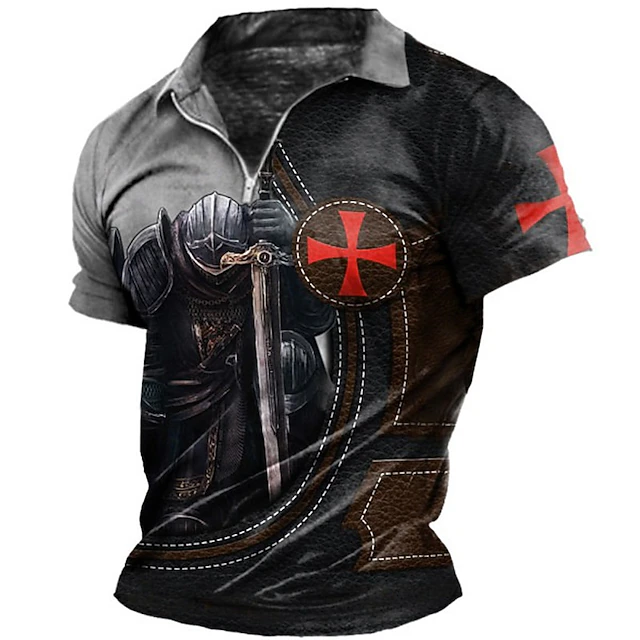 Men's Knights Templar Zip Polo Shirts Golf Shirt Short Sleeve Polo Shirts Collared Shirts Vintage Casual Vacation Wear Festival Wear Party Outfits 3D Print Quarter Zip Polo Black / Red Black Pink 8
