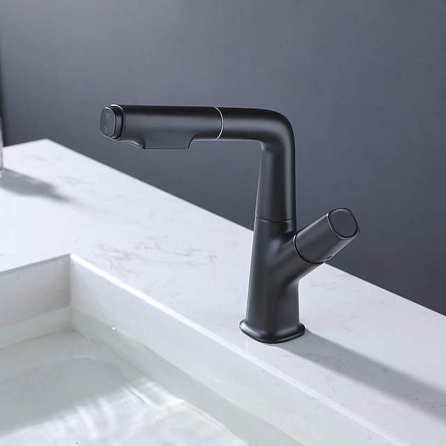  Bathroom Sink Faucet with Pull Out Spray,Brass Liftable 3-modes Electroplated / Painted Finishes Centerset Single Handle One Hole Lavatory Rotating Spout for Cold and Hot Water Bath Taps
