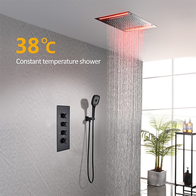  Shower Faucet,Rainfall Shower Head System / Thermostatic Mixer valve Set - Rainfall Shower Contemporary Painted Finishes Mount Inside Brass Valve Bath Shower Mixer Taps