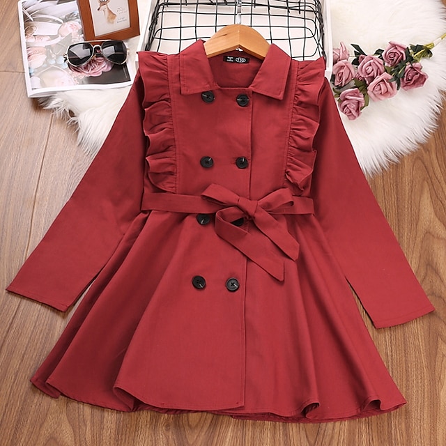 Baby & Kids Girls Clothing | Kids Girls Trench Coat Coat Long Sleeve Black Red Plain Bow Fall Winter Active Daily 3-12 Years - J