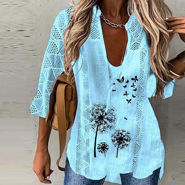  Women's Blouse Shirt Blue Yellow Gray Butterfly Dandelion Cut Out Print 3/4 Length Sleeve Daily Weekend Streetwear Casual V Neck Regular Floral Butterfly S