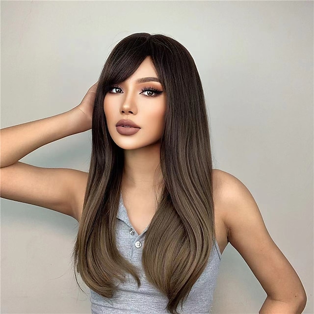 Beauty & Hair Wigs & Hair Pieces | HAIRCUBE Hair Ombre Brown Black Blonde Long Natural Straight Wigs With Side Part for Women - 