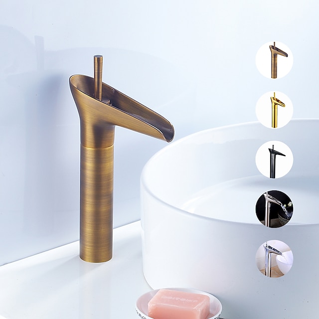  アンティーク真鍮の浴室の流しの蛇口、滝のシングルハンドルの1つの穴のバスタップ、ホットとコールドのスイッチとセラミックバルブ