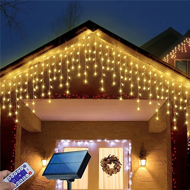  LED-Eiszapfenlichter 3/5m 256led Fairy String Light Outdoor Solar Power Vorhang Lichter für Fenster Weihnachtsfeier Garten Hof Urlaub Dekor Beleuchtung mit Fernbedienung