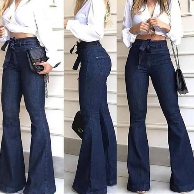  flare jeans dam bootcut hellängd denim faux denim mikroelastisk midja mode arbete casual svart blå s m