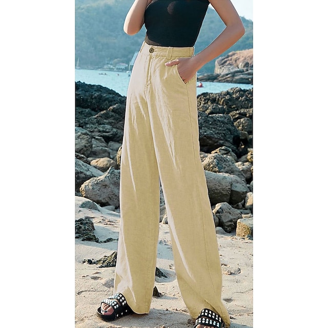  Katoenen linnen broek Wijde broek oma-stijl aan de kust zakkerig Zwart Wit Abrikoos