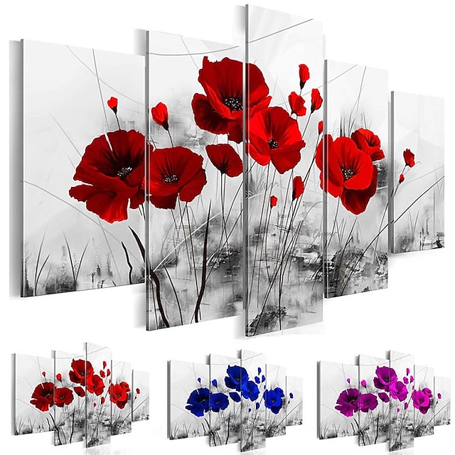  5 パネル プリント 絵画 アートワーク ピクチャー 3色 花 抽象的 ホームデコレーション 装飾 ロールキャンバス フレームなし 未延伸
