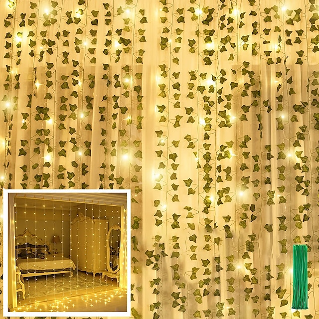 Pachet de 12 plante cu frunze de iederă artificială cu 240 LED-uri lumini pentru perdea de fereastră plante false ghirlandă de viță de vie agățată pentru perete, petrecere, cameră de nuntă, bucătărie